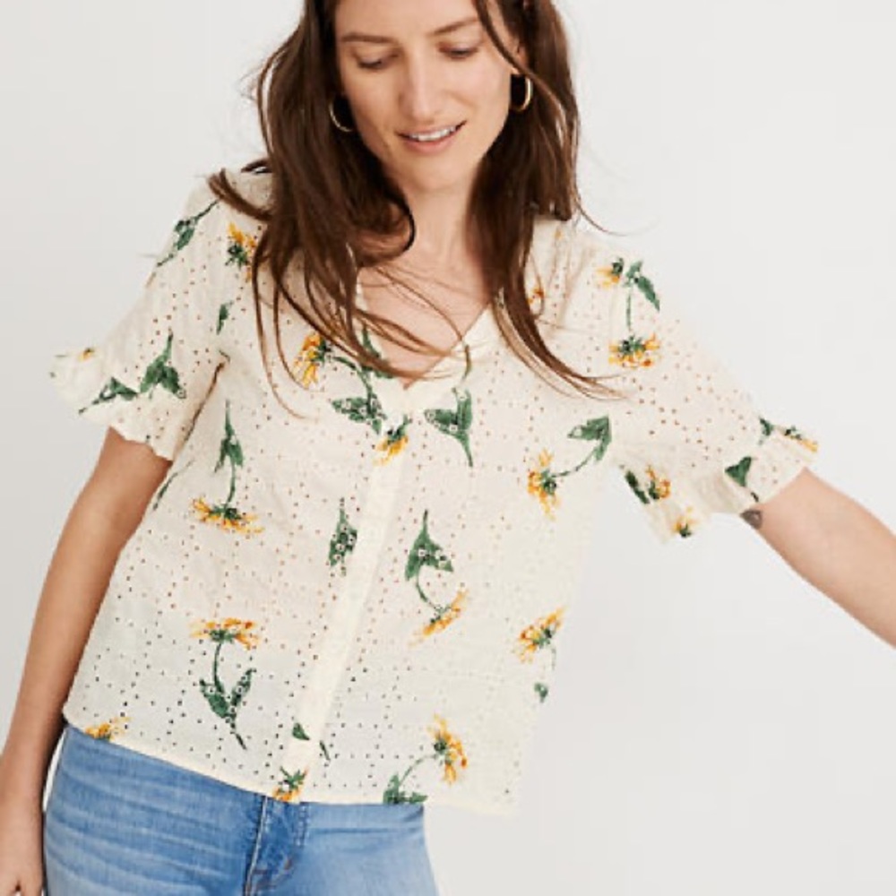 Madewell Eyelet Ruffle-Sleeve Shirt in Sunflower